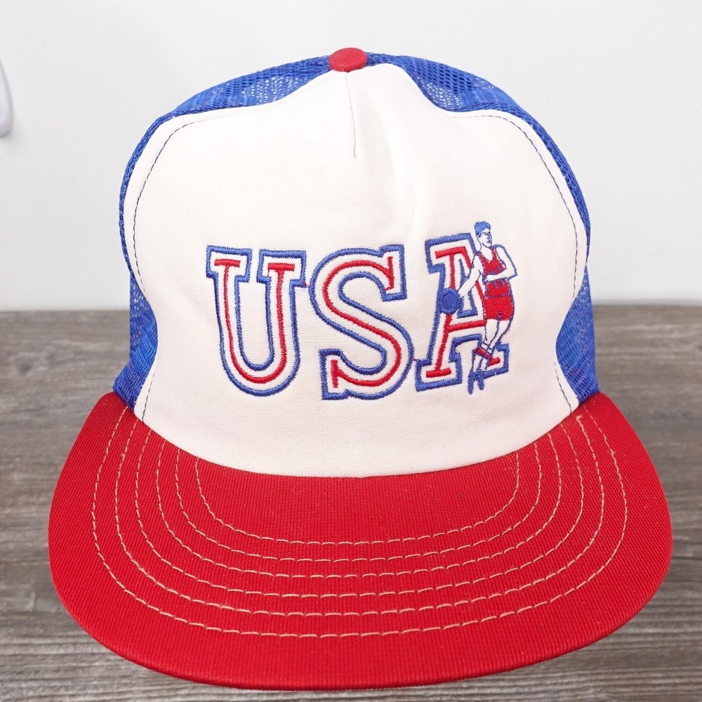 Vintage USA Hat Cap Snap Back Red White Blue Trucker Mesh Basketball Mens 80s